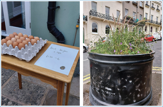 A split photograph showing a table with eggs and a Best before 6 Sept. sign on the left, and a large black planter with grass and flowers on a city street on the right.