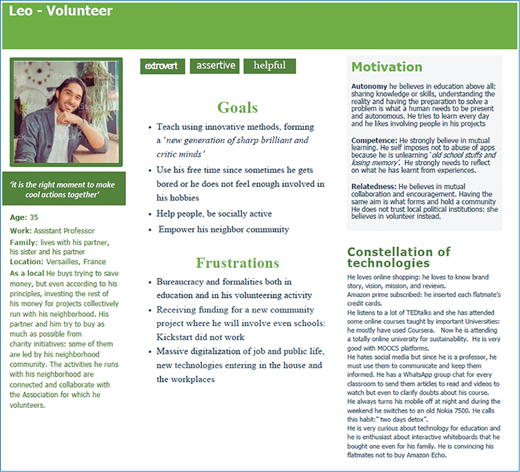 A persona profile for Leo, a Volunteer and Assistant Professor, detailing his Age, Work, Family, Goals, Frustrations, Motivation Autonomy, Competence, Relatedness, and technology use.
