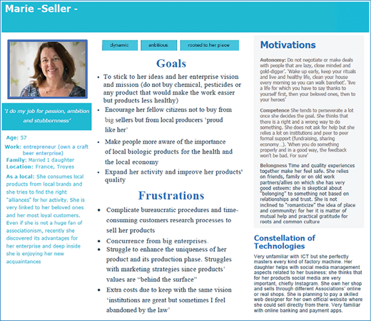 A persona profile for Marie, a Seller and craft beer enterprise owner, detailing her Age, Work, Goals, Frustrations, Motivations, and use of technologies.