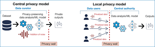 Diagram comparing a central privacy model and a local privacy model, showing datasets, data-analysis modules, privacy walls, users, and final outputs.
