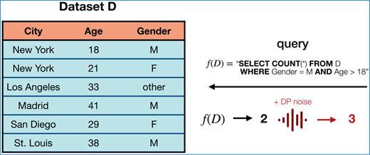 Table labeled Dataset D showing city, age, and gender entries, alongside a query illustration where a count result of 2 is turned into 3 after adding D P noise.