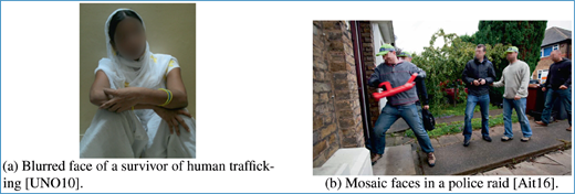 Two photos: on the left, a seated person with a blurred face and covered clothing; on the right, several people with mosaic-blurred faces as officers detain someone outside a building.