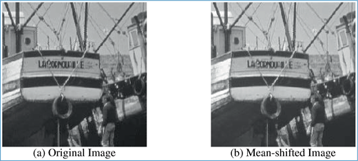 Two grayscale boat images side by side: the left labeled original image and the right labeled mean-shifted image, both showing the same boat front with text and surrounding structures.