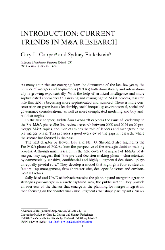 Introduction: Current Trends in M&A Research | Advances in Mergers and ...