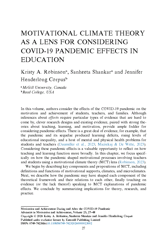 Motivational Climate Theory as a Lens for Considering COVID-19 Pandemic ...