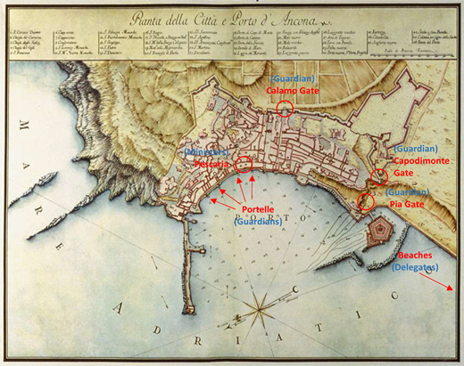 Ancona map (1790) with indication of individual and places of fish discipline Refer to the image caption for details.