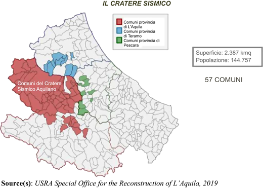 Territories and populations struck by the L'Aquila earthquake as defined by “the seismic crater” Refer to the image caption for details.