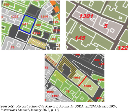 Examples of cartographical representation of real estate aggregates, L'Aquila, January 2013 Refer to the image caption for details.