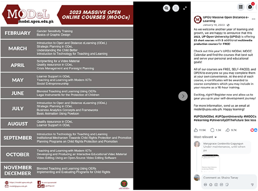 A table listing various online courses offered by UPOU MODeL for 2023.