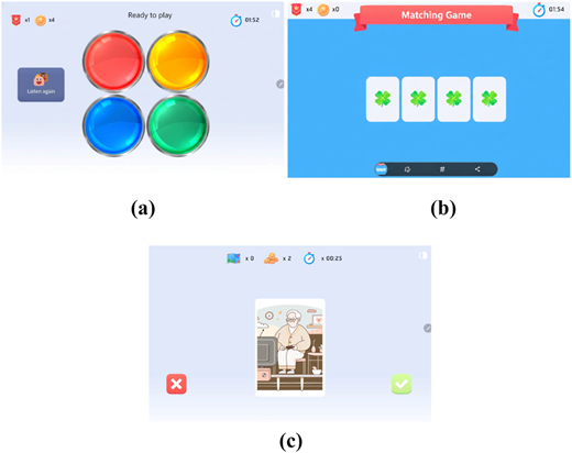 Three mini-games designed to stimulate cognitive functions: Simon, Matching, and RuleMaster.