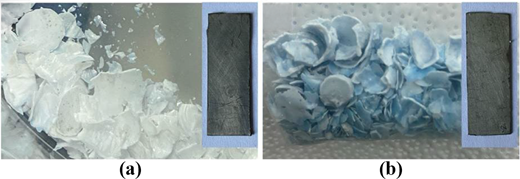 Two panels of flake-like material labelled a and b, each with an inset sample piece, show irregular layered fragments with similar shapes.