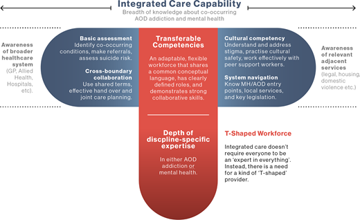 An integrated care capability framework showing breadth of knowledge, transferable competencies, and depth of discipline specific expertise in a T- shaped workforce model.