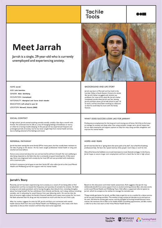 A leaflet introduces Jarrah, a 29-year-old unemployed man facing anxiety. It includes his background, social context, referral pathway, and goals.