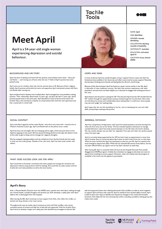 A detailed profile of a woman named April, including her background, life story, and experiences with depression, social relationships, and support systems.