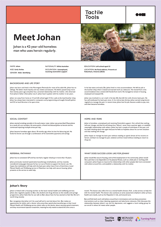 A profile of Johan, a 42-year-old homeless man, detailing his background, struggles with addiction, and hopes for the future.