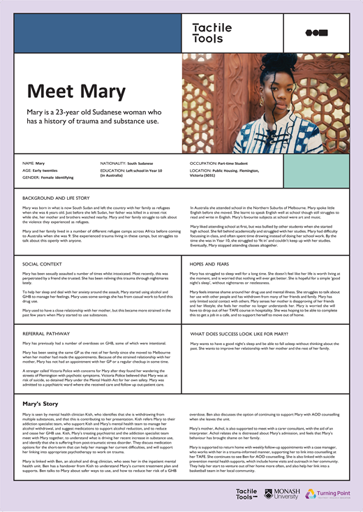 A presentation about Mary, a 23-year-old Sudanese woman, detailing her background, personal struggles, and hopes. The layout includes sections on her life story, social context, and goals.
