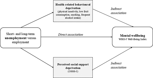 A conceptual model links unemployment with mental wellbeing directly and indirectly through behavioural and perceived social support deprivation.