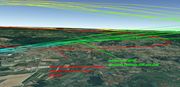 A Three-dimensional terrain view compares a missed-approach procedure with radar tracks showing climb gradients between 10 and 18 per cent.