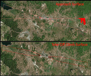 Two satellite views show airport approach and take-off climb surfaces outlined across the surrounding terrain.