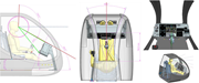 A cockpit design layout presents side, top, front, and angled views with seat, control panel, sight lines, angles, and dimensions.