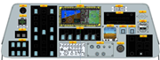 A cockpit panel layout shows labelled instruments, displays, switches, gauges, and control modules across the dashboard.