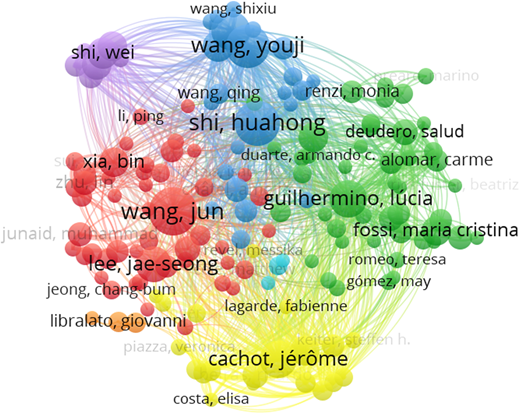 A network visualization of bibliometric coupling among prominent authors in microplastics research.