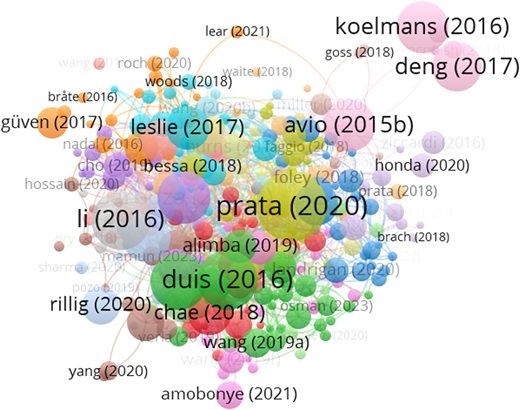 A network visualization of highly cited documents in microplastics research, showing clusters of interconnected nodes representing different studies.