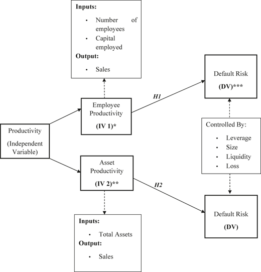 A conceptual path diagram showing productivity influencing default risk through employee and asset productivity.