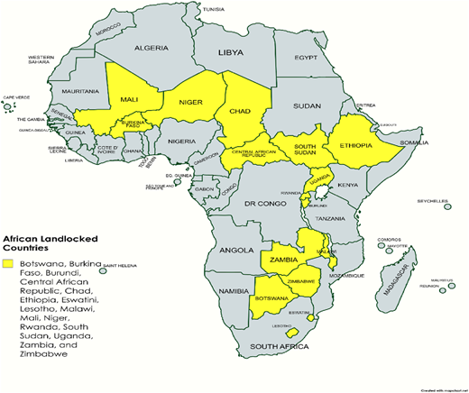 A map of Africa shows landlocked countries in yellow and coastal countries in gray.