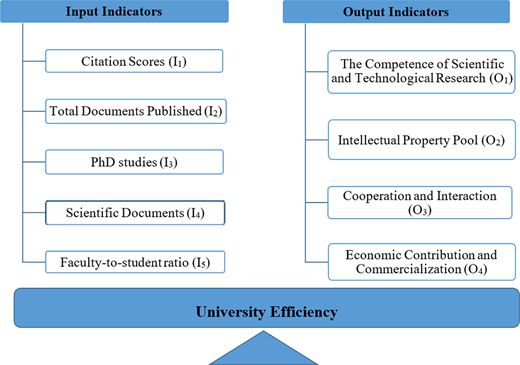 Input and output indicators determining university efficiency are shown in a structured framework.