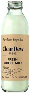 A bottle of ClearDew fresh whole milk with a label indicating pure taste and simple joy.