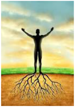 An illustration of a person with arms raised, rooted to the ground with visible roots.