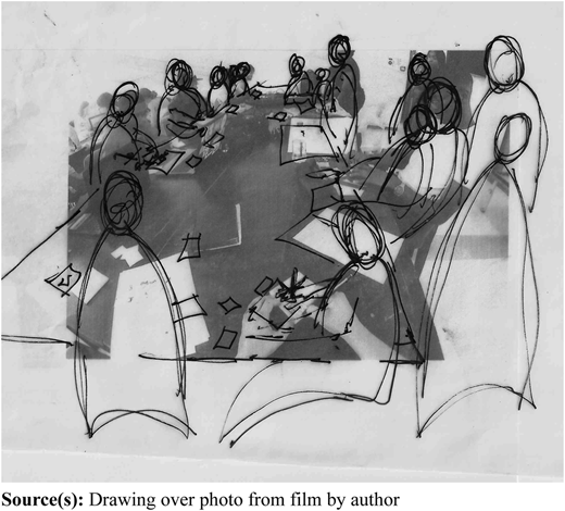 A sketch overlays a meeting photo, showing many people seated around a long table with scattered papers.