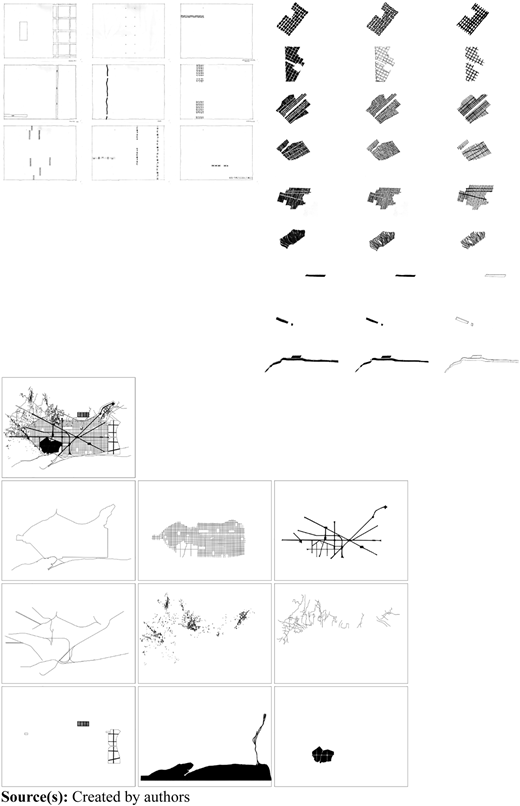 A diagram presents a collection of urban inventory drawings arranged across multiple groupings on a single sheet.
