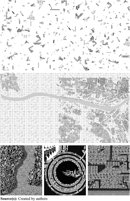 A diagram presents three urban inventory drawings arranged in a vertical sequence of three rows.