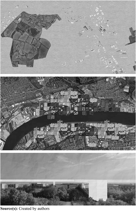 A visual shows 3 panels combining landscape fragments, urban aerial imagery, and a panoramic urban scene.