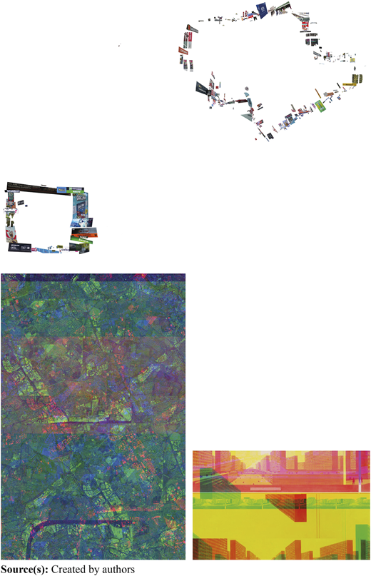 A visual presents four architectural montages exploring urban and media themes across two groupings.