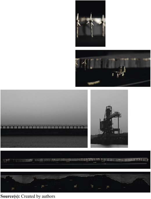 A composite visual shows small metallic models, industrial waterfront photos, and long horizontal landscape studies.
