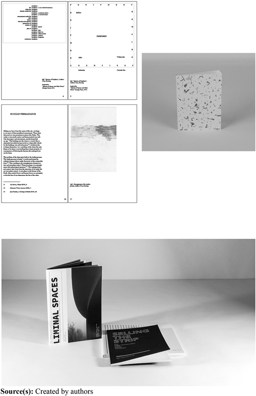 A composite layout shows book pages, a patterned booklet, and two publications displayed on a flat surface.