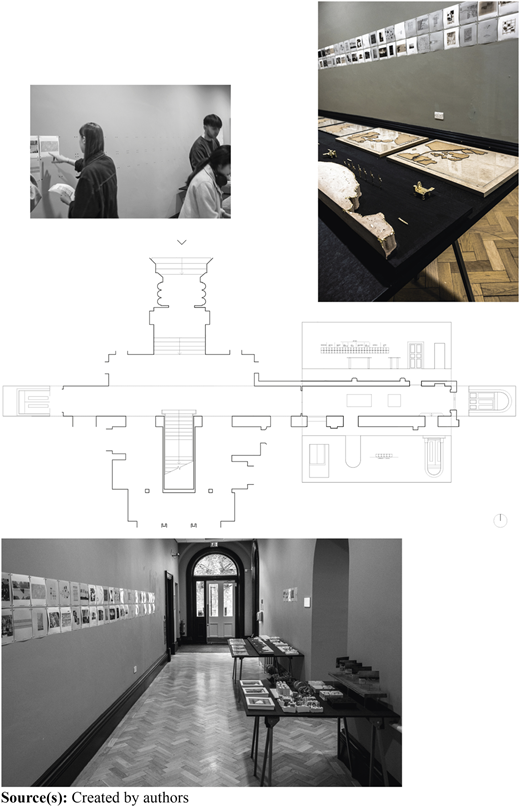 A composite visual shows exhibition photographs and a central architectural plan drawing.