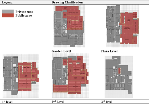 A diagram of segmented zones in the AUC's library building.