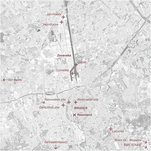 A map showing localities for gathering materials around Bruges, highlighting recycling plants and reuse retailers.