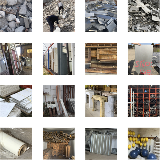 A collage of images showing various materials and locations where used materials are gathered.
