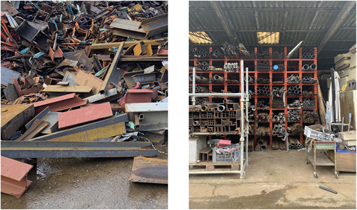 Two photos of metal materials in different settings.