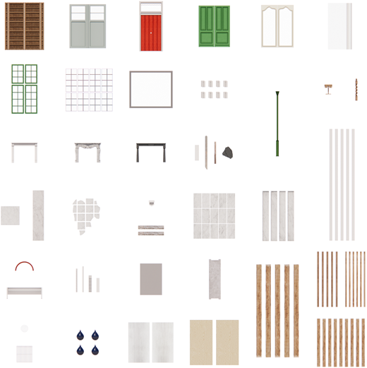 A collection of 3D models representing various architectural elements and materials.