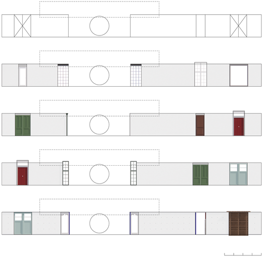 An illustration of a pavilion wall elevation study showing different doors and windows with varying measurements, proportions, materiality, and color in relation to an overall facade composition.