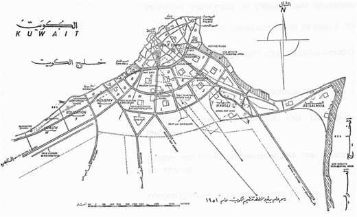 A map shows the 1951 Master Plan of Kuwait, designed by Minoprio, Spencely, and Macfarlane.