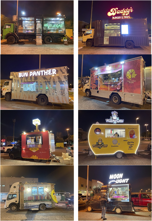 Photographs of eight food trucks arranged in a grid, each with distinct branding and illuminated signs.