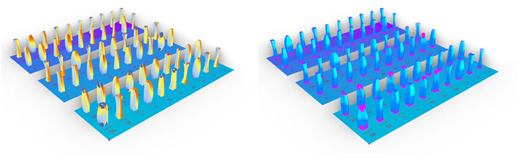 A figure presents two grids showing design outcomes of a single generation, each arranged according to the fitness values of a different objective.