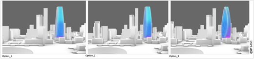 A figure shows three design options (phenotypes) highlighted in a white cityscape, viewed from similar angles.